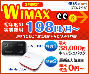 3月限定 WiMAX初年度の実質費用198円/月〜