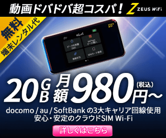 20GB 月額980円～ 動画ドバドバ超コスパ! ZEUS WiFi